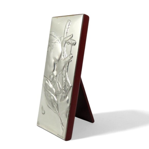 POPE Silver Metal Praying Plaque with Wooden Stand Italy Vintage 6.5in Tall - Picture 2 of 12